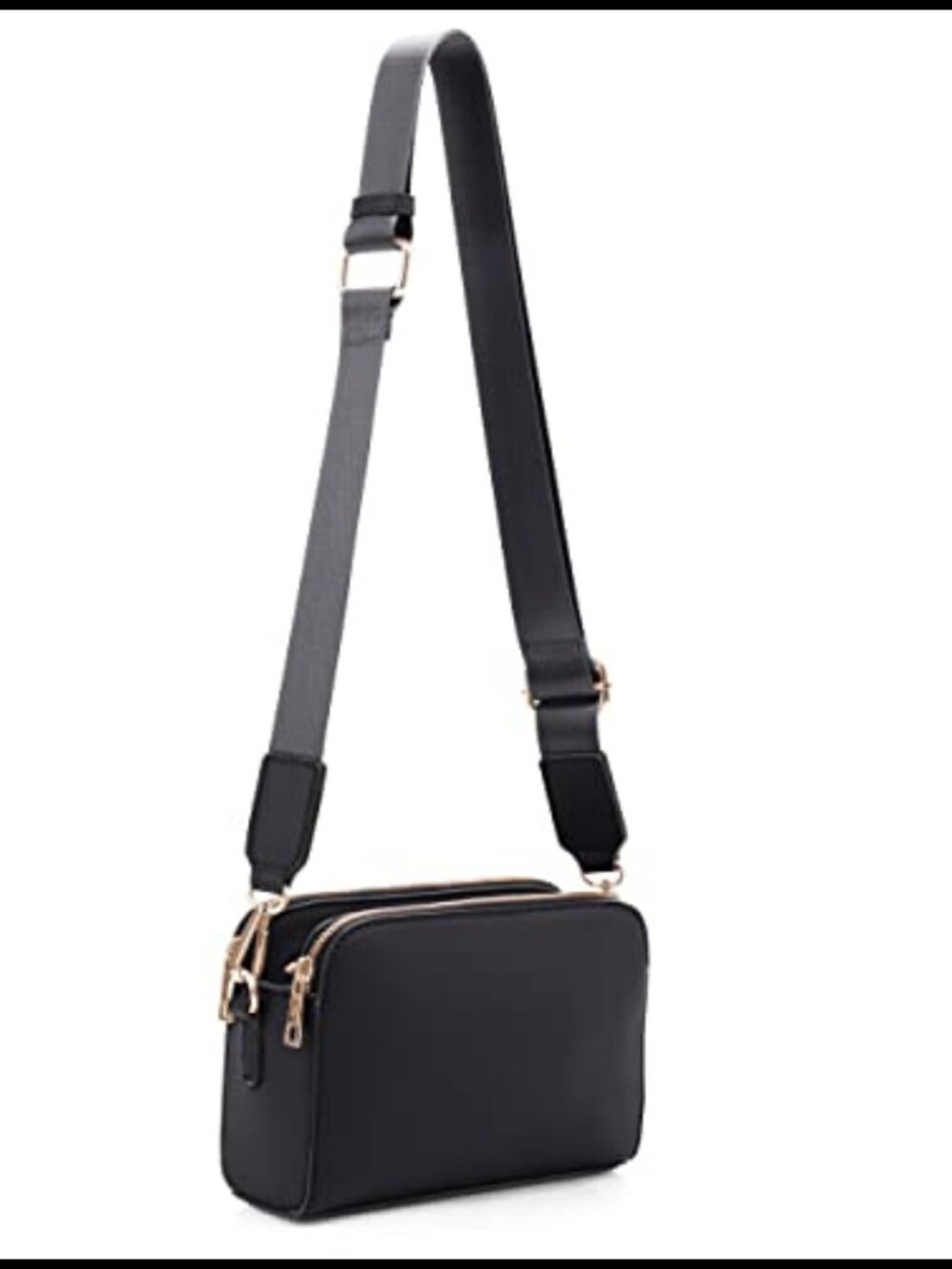 Vegan Leather Crossbody Bag Triple Zip Camera Purse Wide Guitar Strap